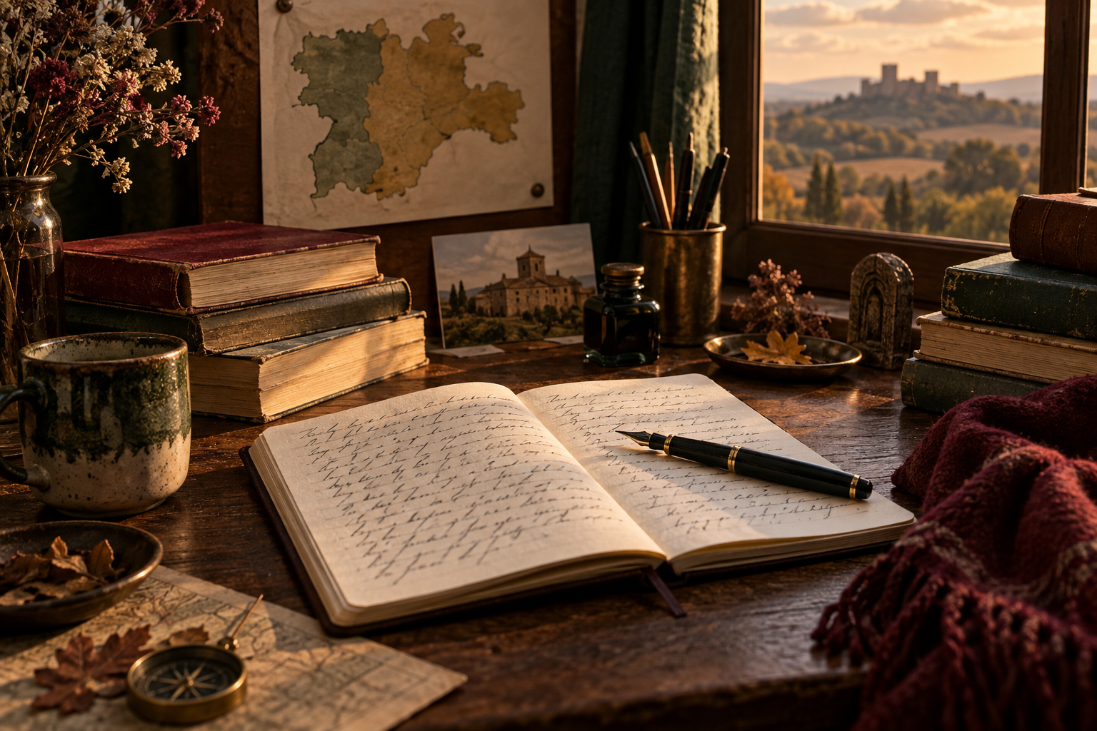 Mesa de escritura con cuadernos, libros y referencias al territorio.