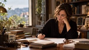 Macu García escribe junto a una ventana sobre un manuscrito y libros.