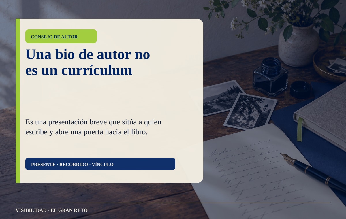 Mesa de trabajo con documentos, fotografías y cuaderno para preparar una bio de autor.