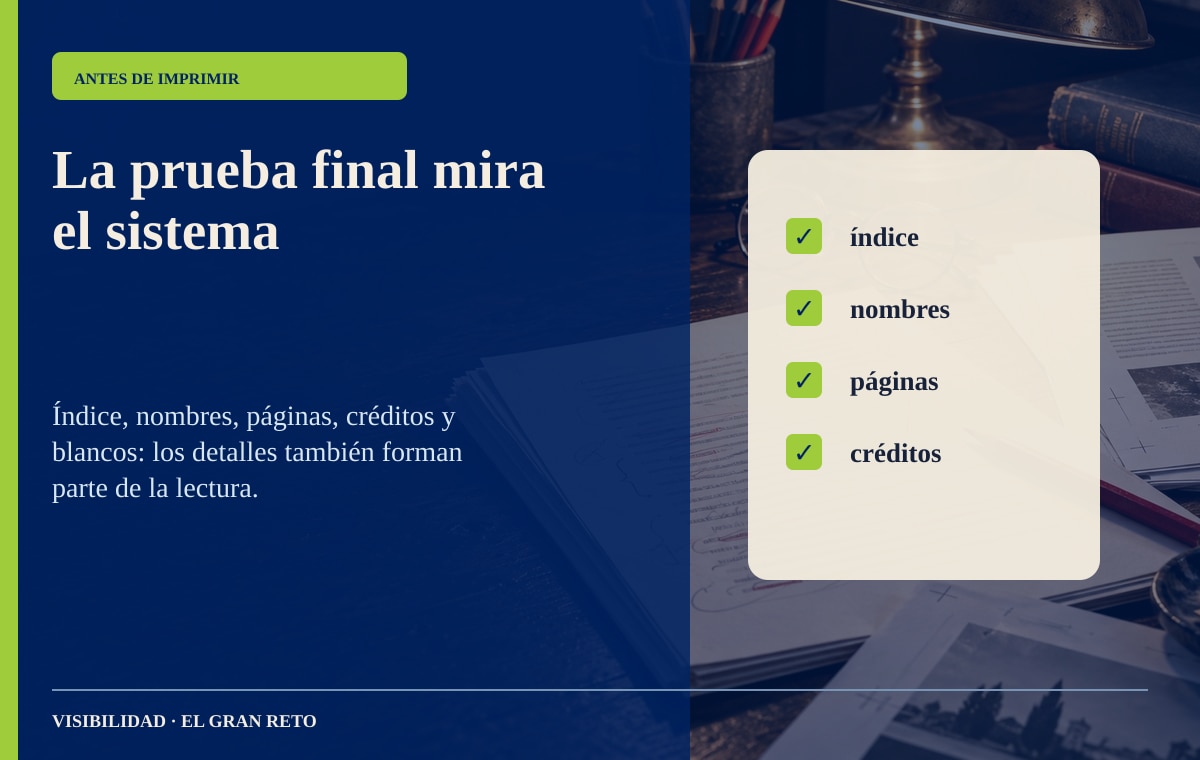 Detalle de checklist editorial junto a pruebas impresas
