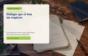 Mesa de revisión literaria con páginas de manuscrito, pluma, lápiz, gafas y un cuaderno azul sobre madera.