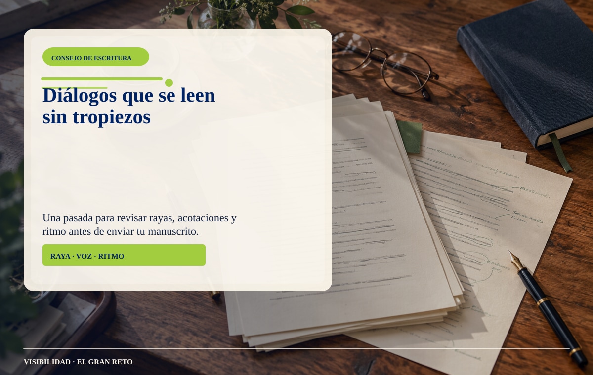 Mesa de revisión literaria con páginas de manuscrito, pluma, lápiz, gafas y un cuaderno azul sobre madera.