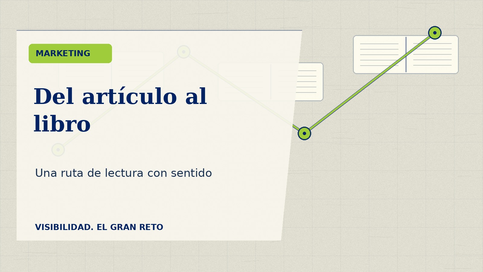 Libros y páginas sobre papel texturizado unidos por un mapa de rutas que conecta artículo, autoría y ficha de libro.