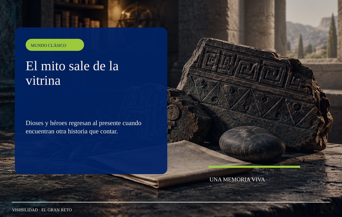 Piedras talladas, papel envejecido y una rama de laurel bajo luz lateral; representan el diálogo entre mito, relato y poesía