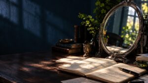 Escritorio con espejo, cuaderno y luz lateral para evocar una lectura de reflexión.