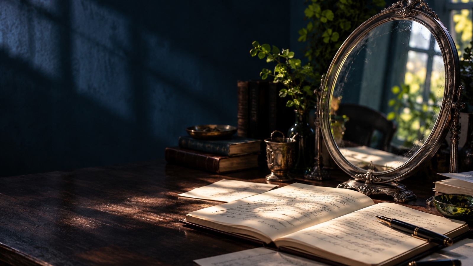 Escritorio con espejo, cuaderno y luz lateral para evocar una lectura de reflexión.