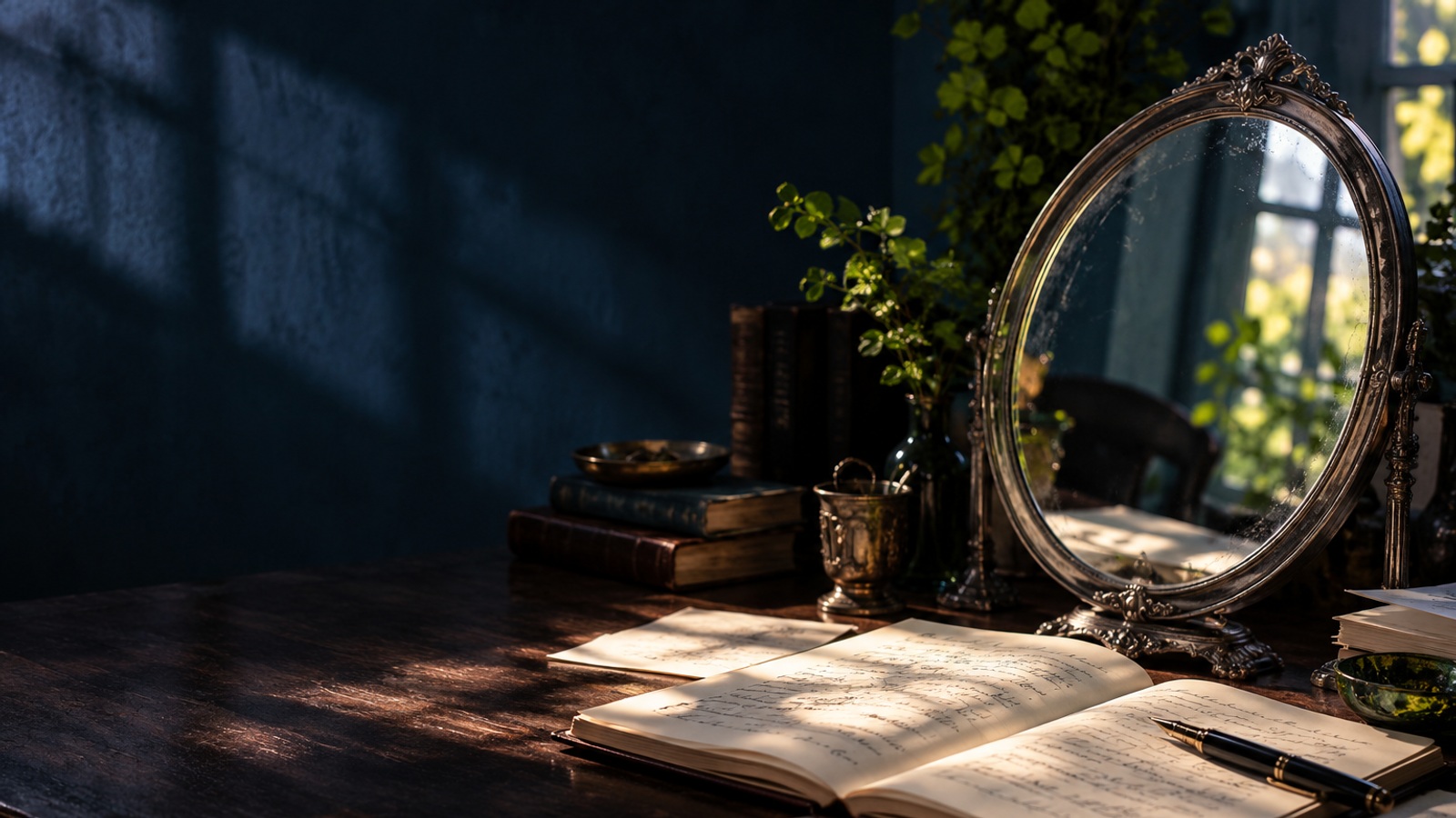 Papel, pluma y reflejo tenue como imagen de una lectura pausada