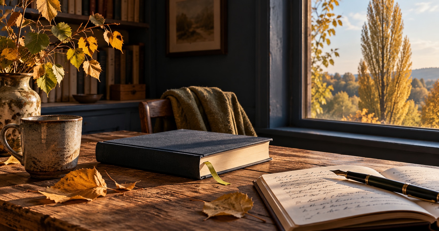 Mesa de lectura con cuaderno, pluma y hojas de álamo junto a una ventana otoñal; ilustra el perfil de Eva Barro.