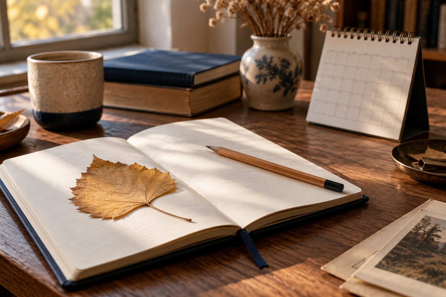 Cuaderno, lápiz y hoja de álamo sobre una mesa de estudio; una imagen de observación, enseñanza y escritura