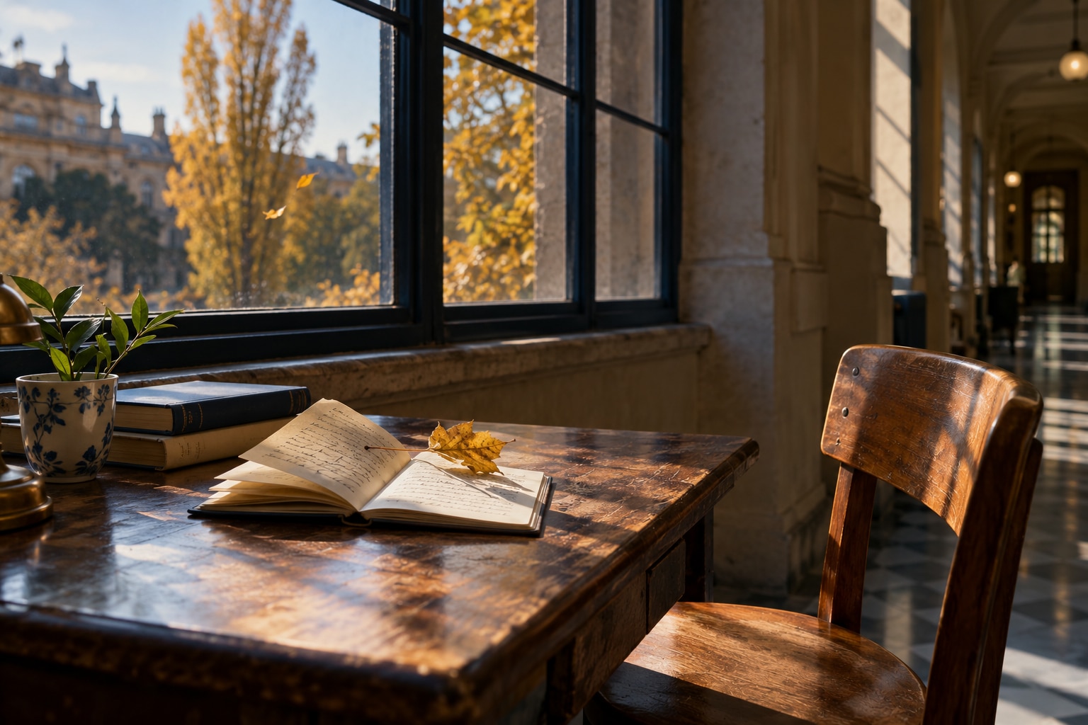 Silla junto a una ventana de pasillo universitario y una hoja amarilla; representa el paso del tiempo y la lectura atenta