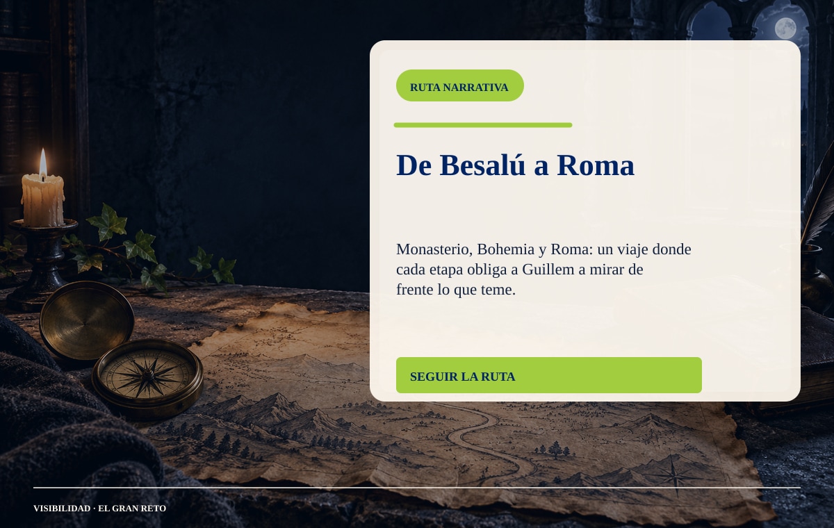 Mesa de piedra, brújula y pergamino que evocan el itinerario de la novela.