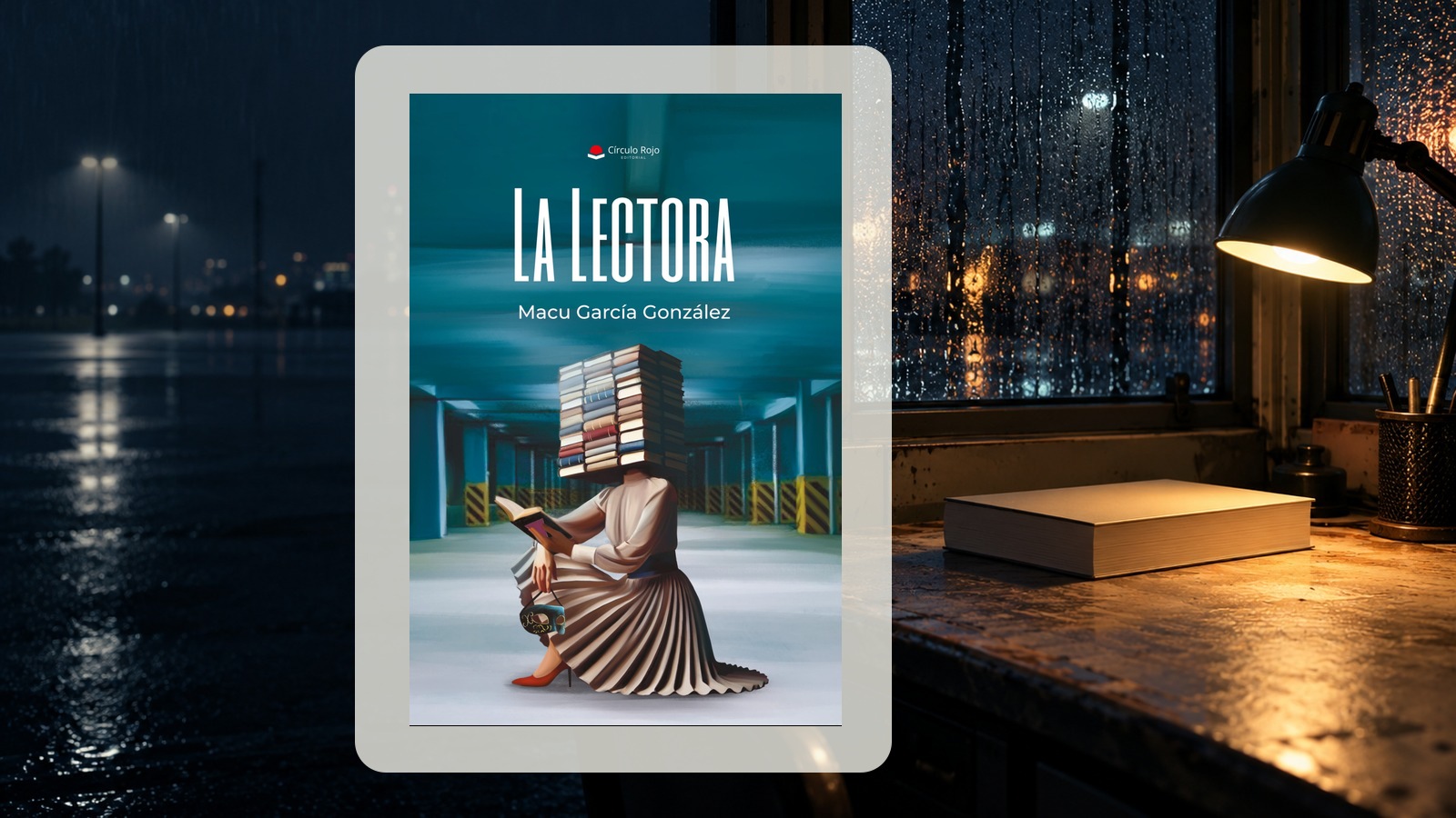 Cubierta oficial de La lectora junto a una ventana de lectura nocturna