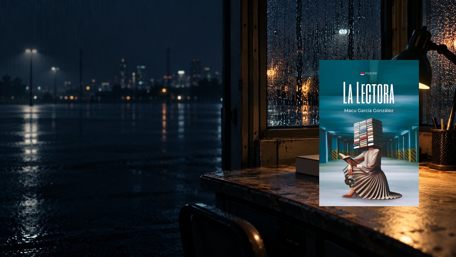 Garita nocturna con un libro iluminado junto a la ventana, imagen conceptual de La lectora.