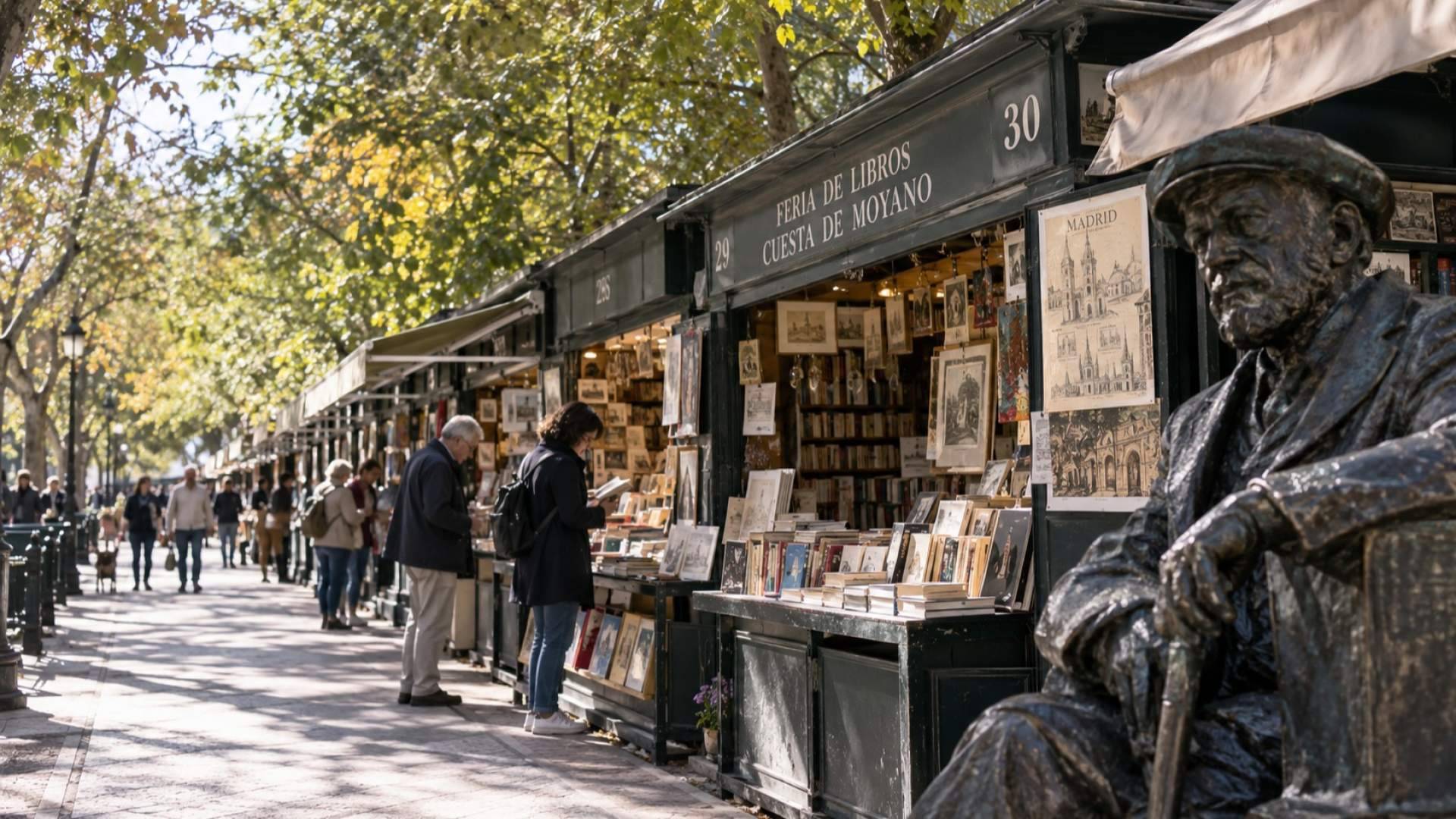 Cuesta de Moyano, Madrid, con el puesto de libros número 30 y la estatua de Pío Baroja.