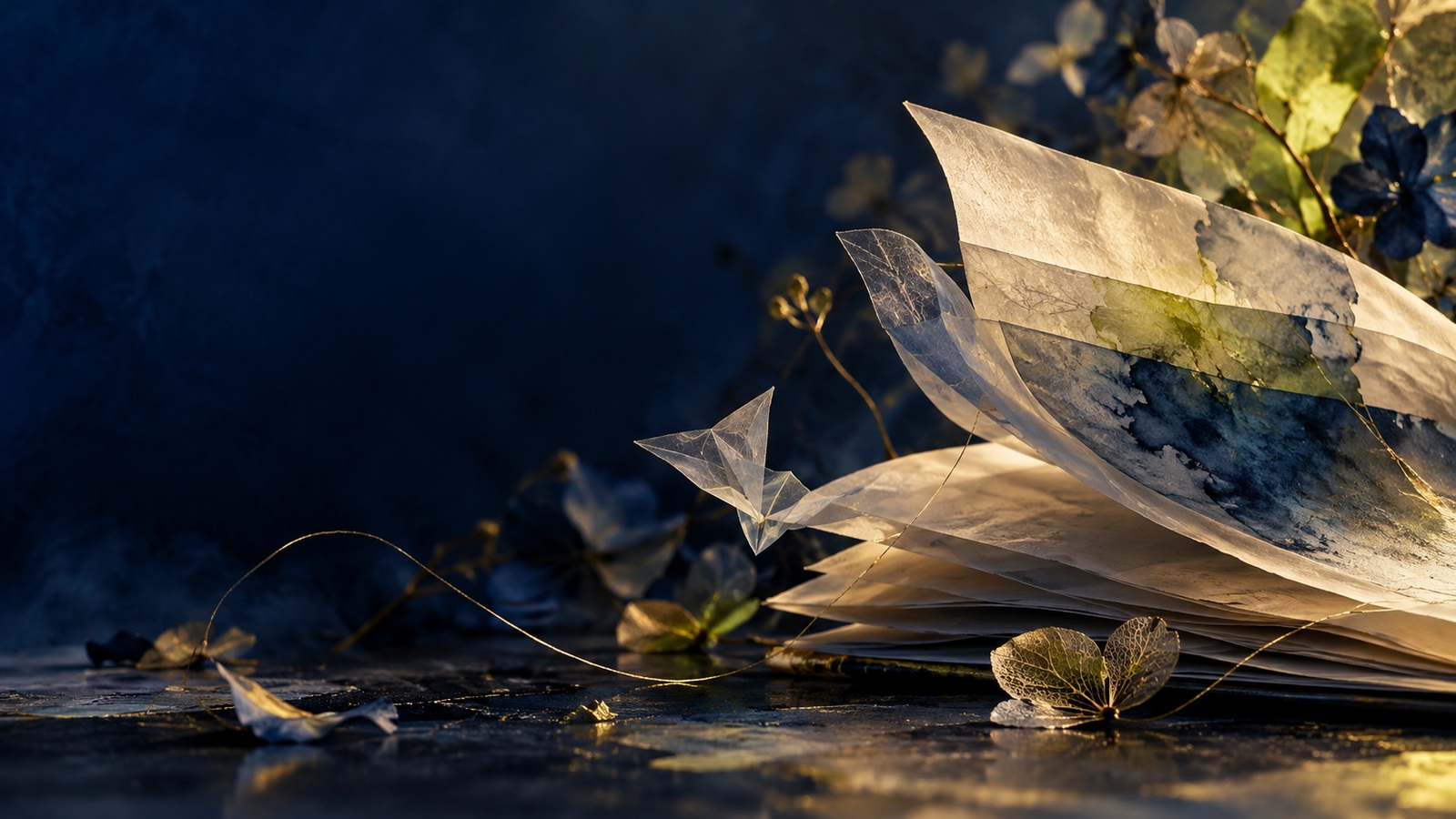 Detalle de hojas de papel translúcido y luz cálida como metáfora del paso de la experiencia a la palabra