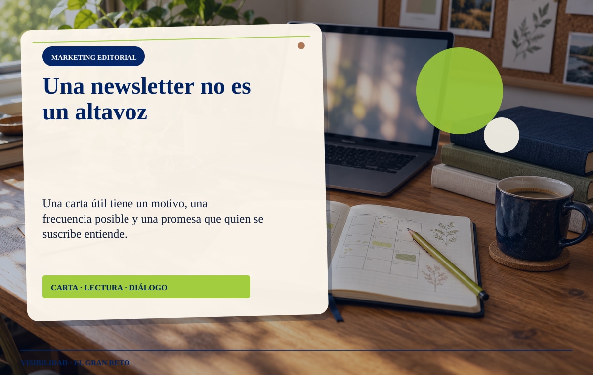 Mesa de planificación editorial con agenda, libros, sobre y ordenador.