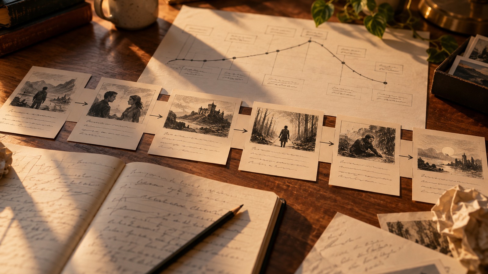 Fichas de trama y cuaderno que representan el arco completo de una novela