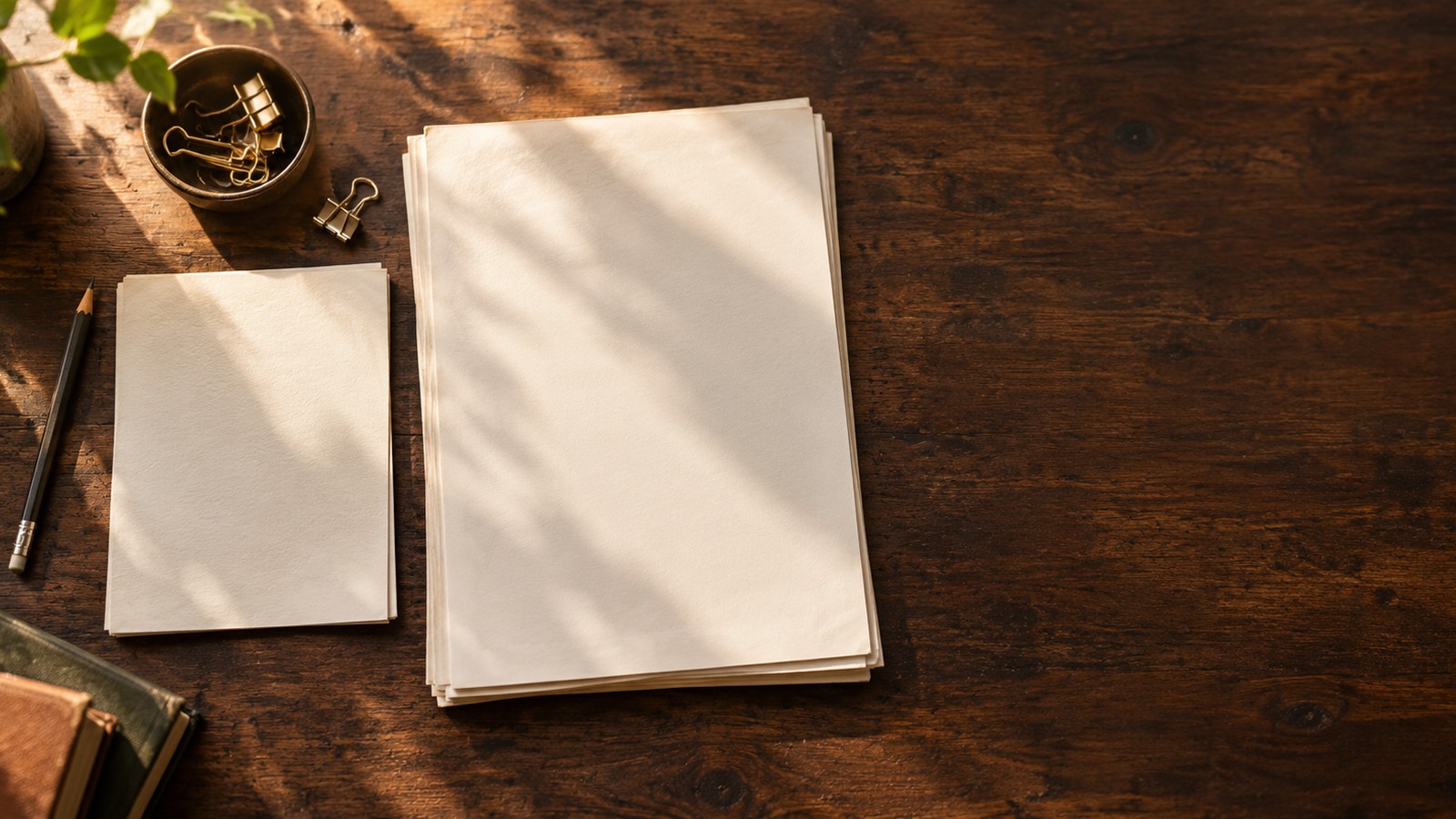 Dos documentos de una novela sobre una mesa de escritura: uno breve y otro completo.