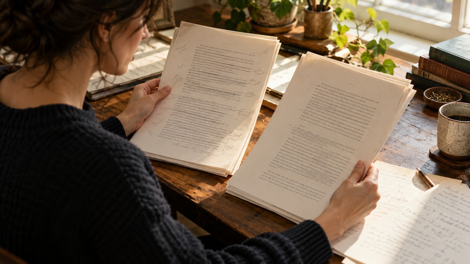 Una escritora compara dos versiones de la presentación de su manuscrito