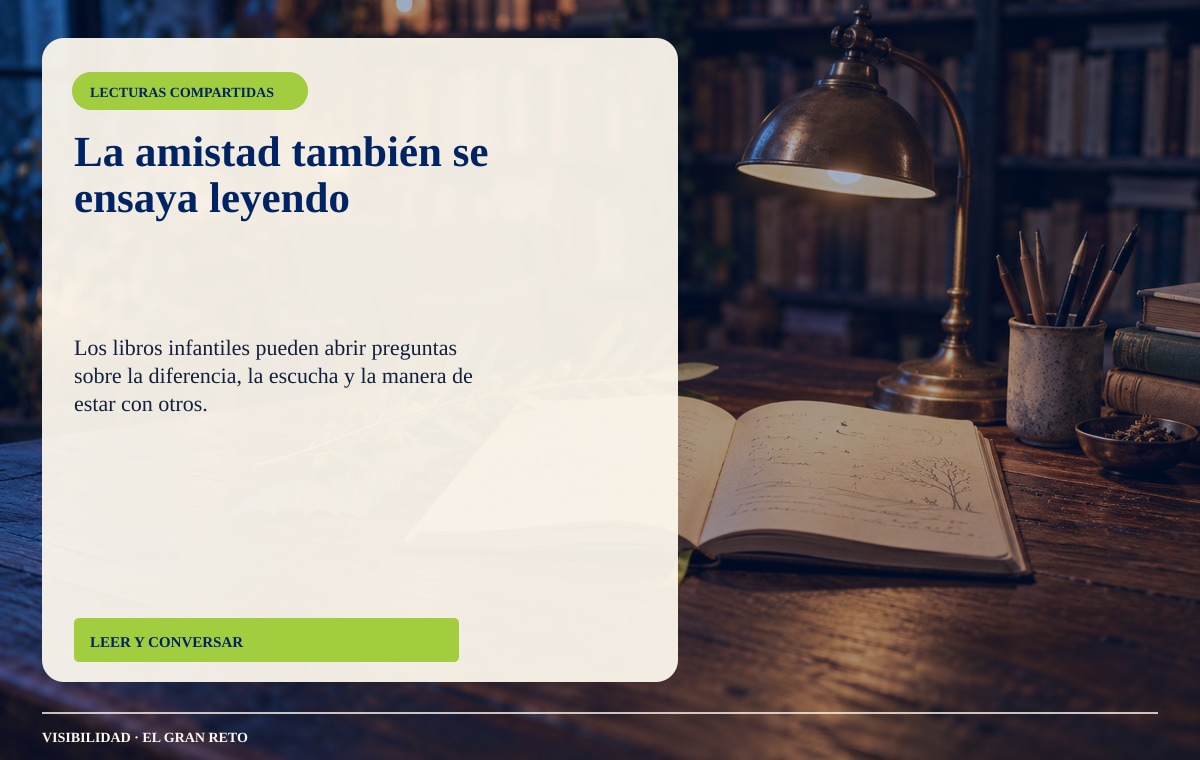 Mesa de poesía infantil con luz cálida, cuaderno y materiales de lectura