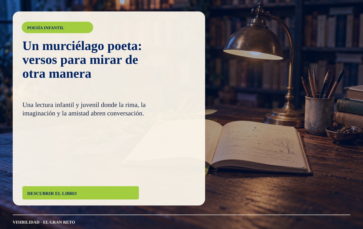 Cuaderno y figura de murciélago de papel sobre una mesa de lectura.