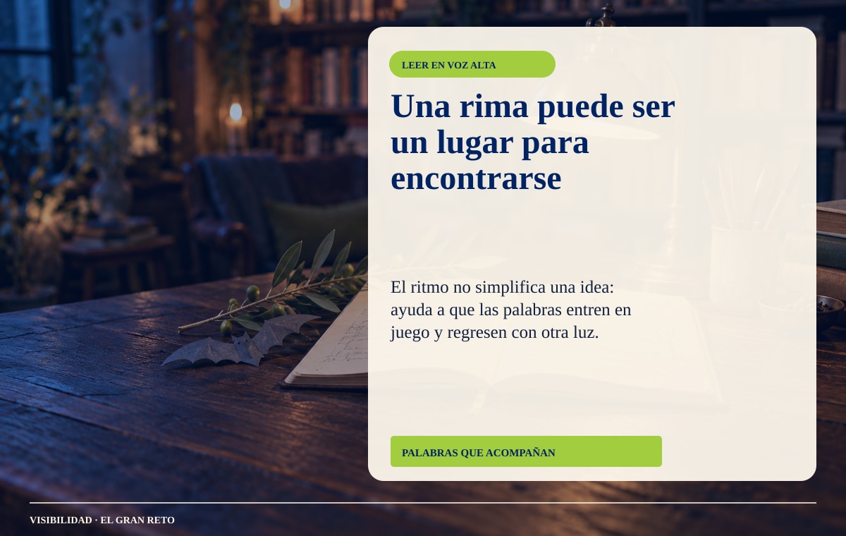 Rima y lectura compartida en una mesa cálida de librería